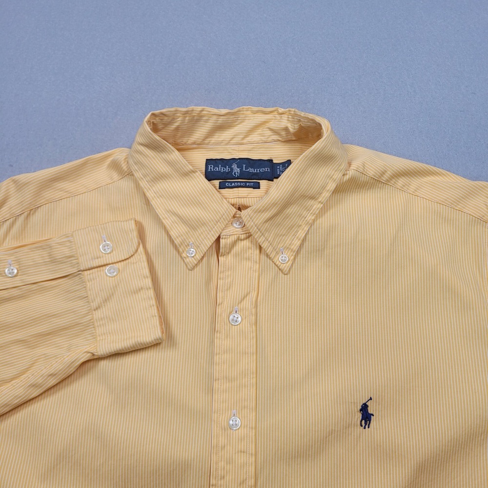 Ralph Lauren Mens Yellow White Stripe Classic Fit Button Down Shirt 17 34/35